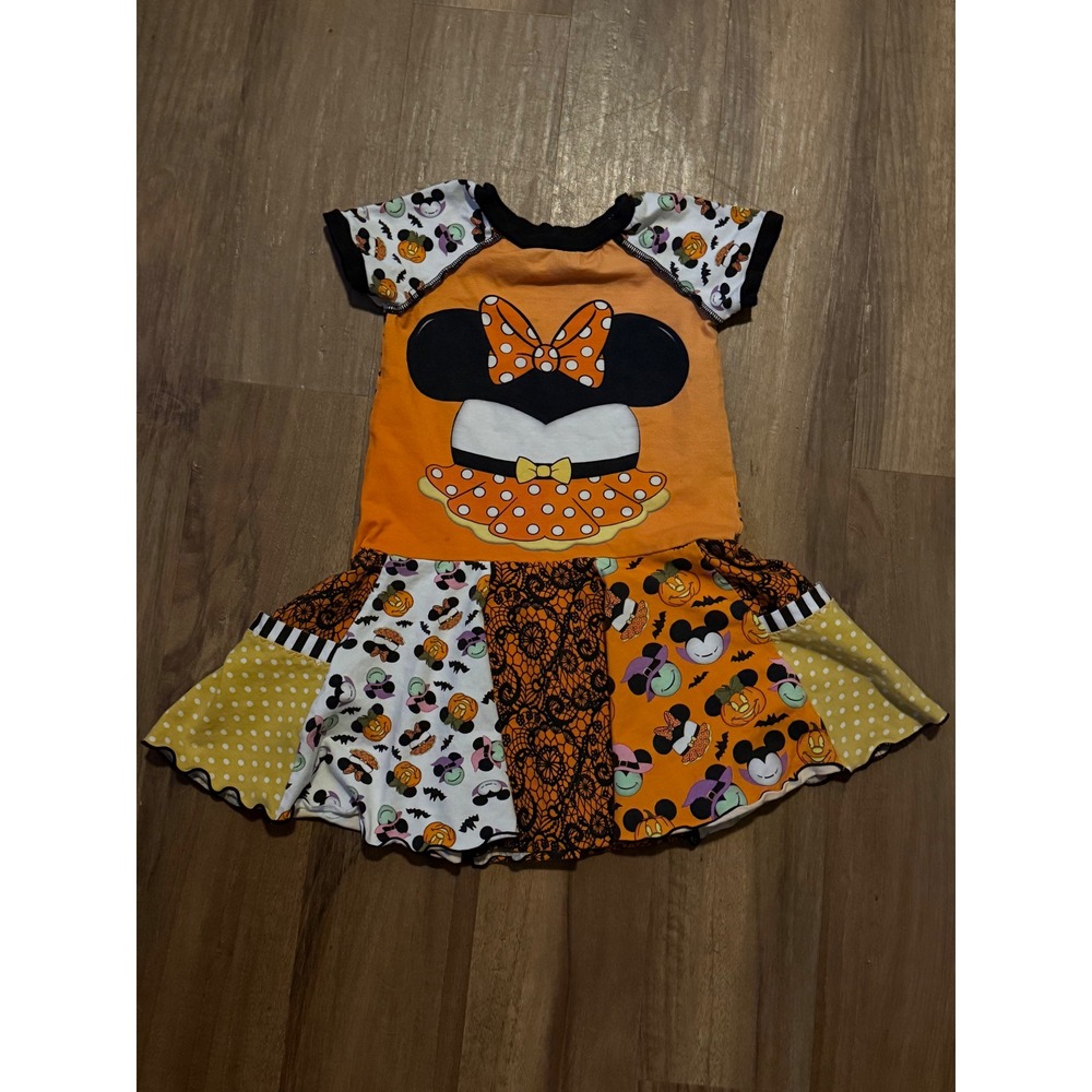 Disney Minnie Mouse Halloween Patchwork Dress Orange Polka Dot Girls Size 5-7
